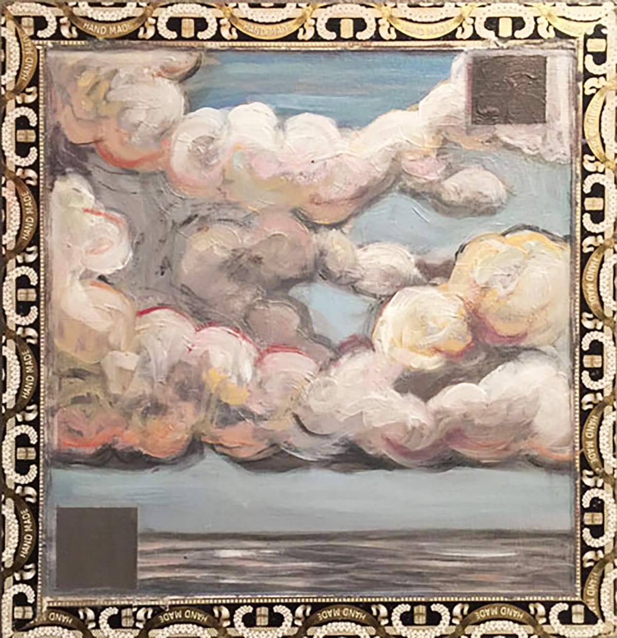 Cloudy Day Box by Claudia Cohen — oil on cigar box with a decorative vintage border, 10 × 10 × 1 in, 2016