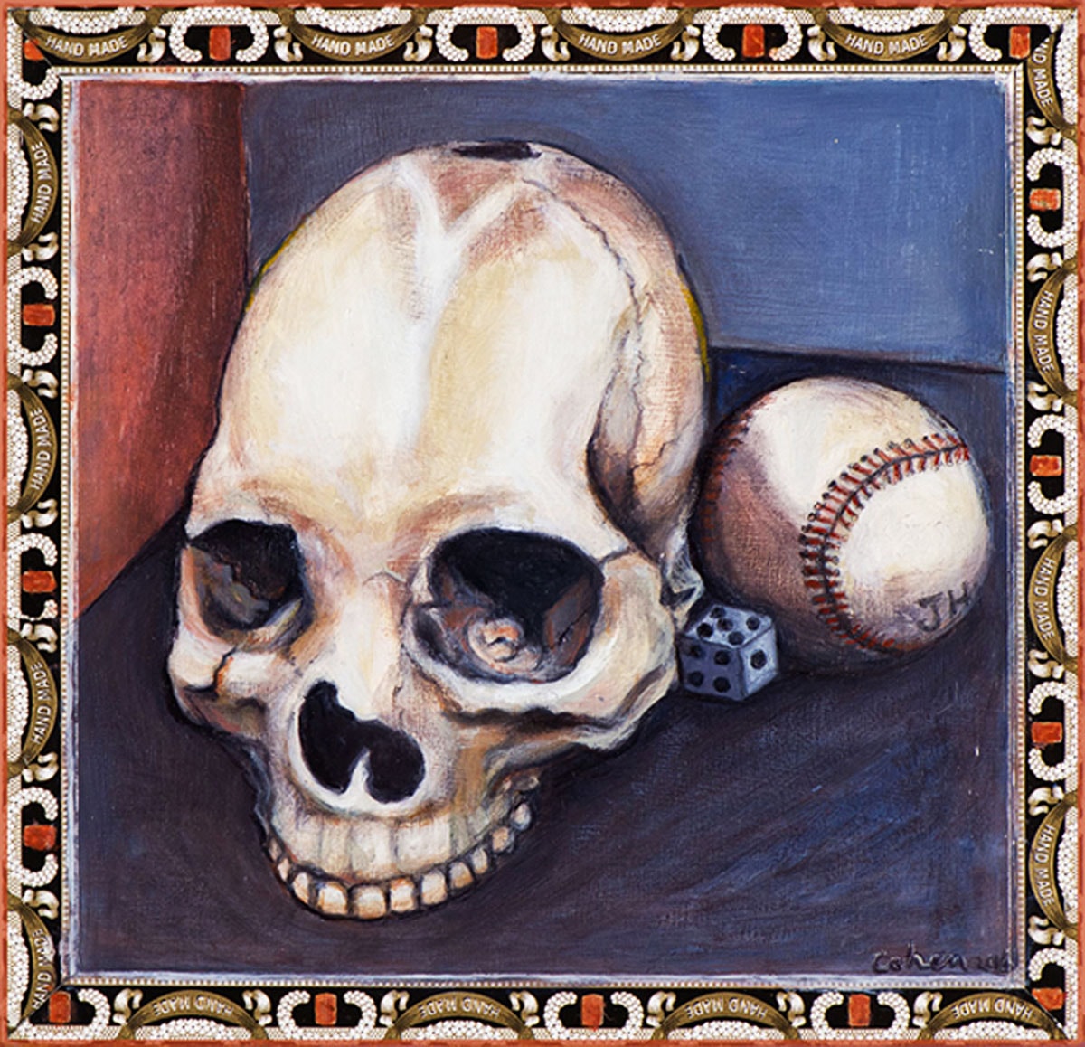 Nature Morte by Claudia Cohen — oil on cigar box, 10 × 10 × 1 in, 2017