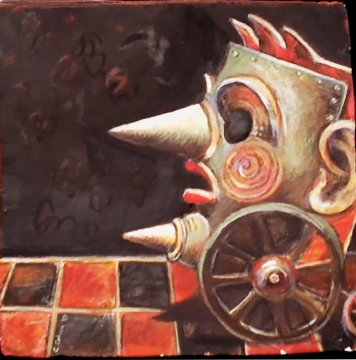 Road Warrior by Claudia Cohen — painting on clay tile, 13 × 13 in, 2015