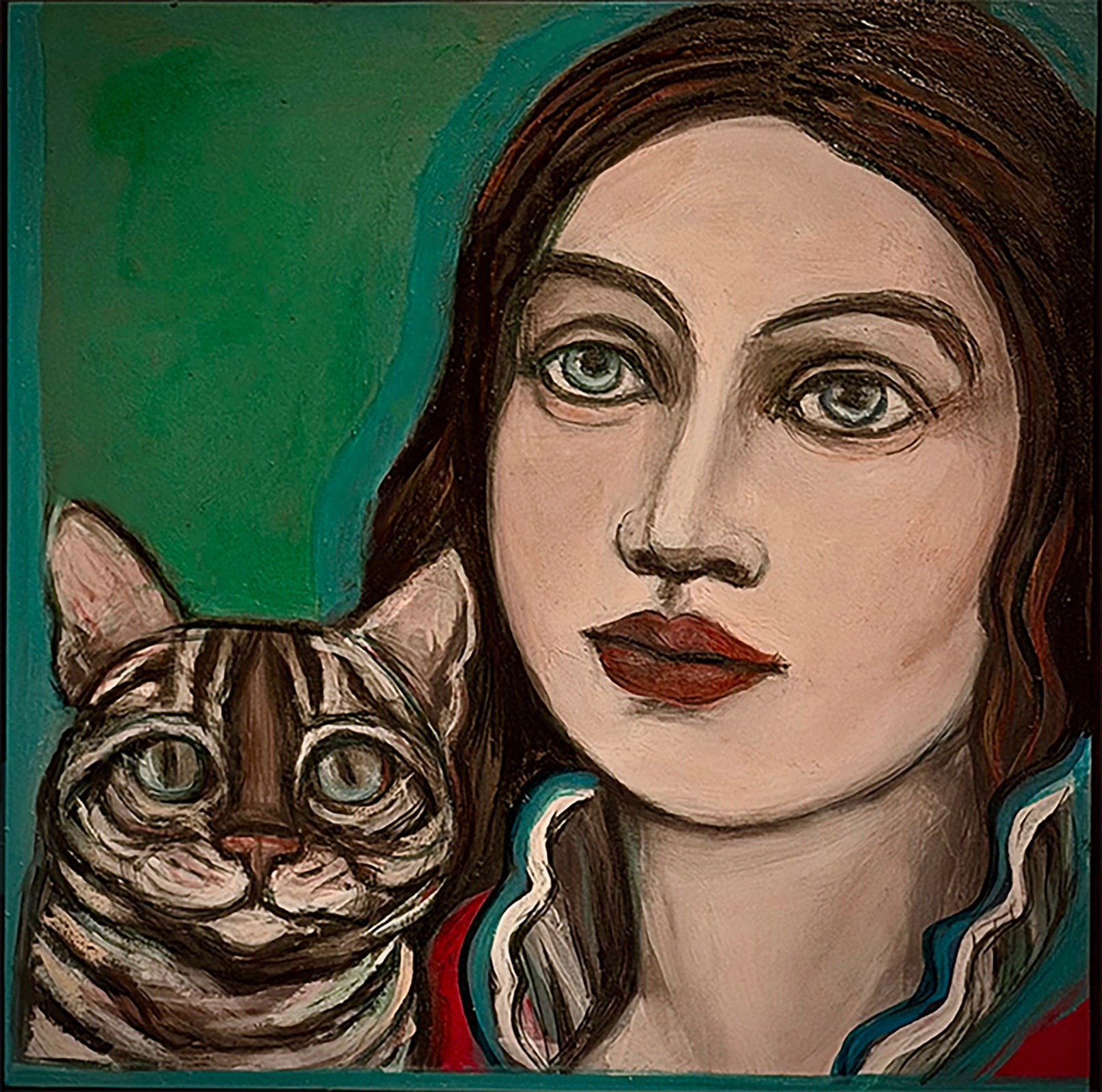 Single Cat Lady by Claudia Cohen — oil painting of a woman with her Bengal cat in an intimate portrait, 12 × 12 in, 2024