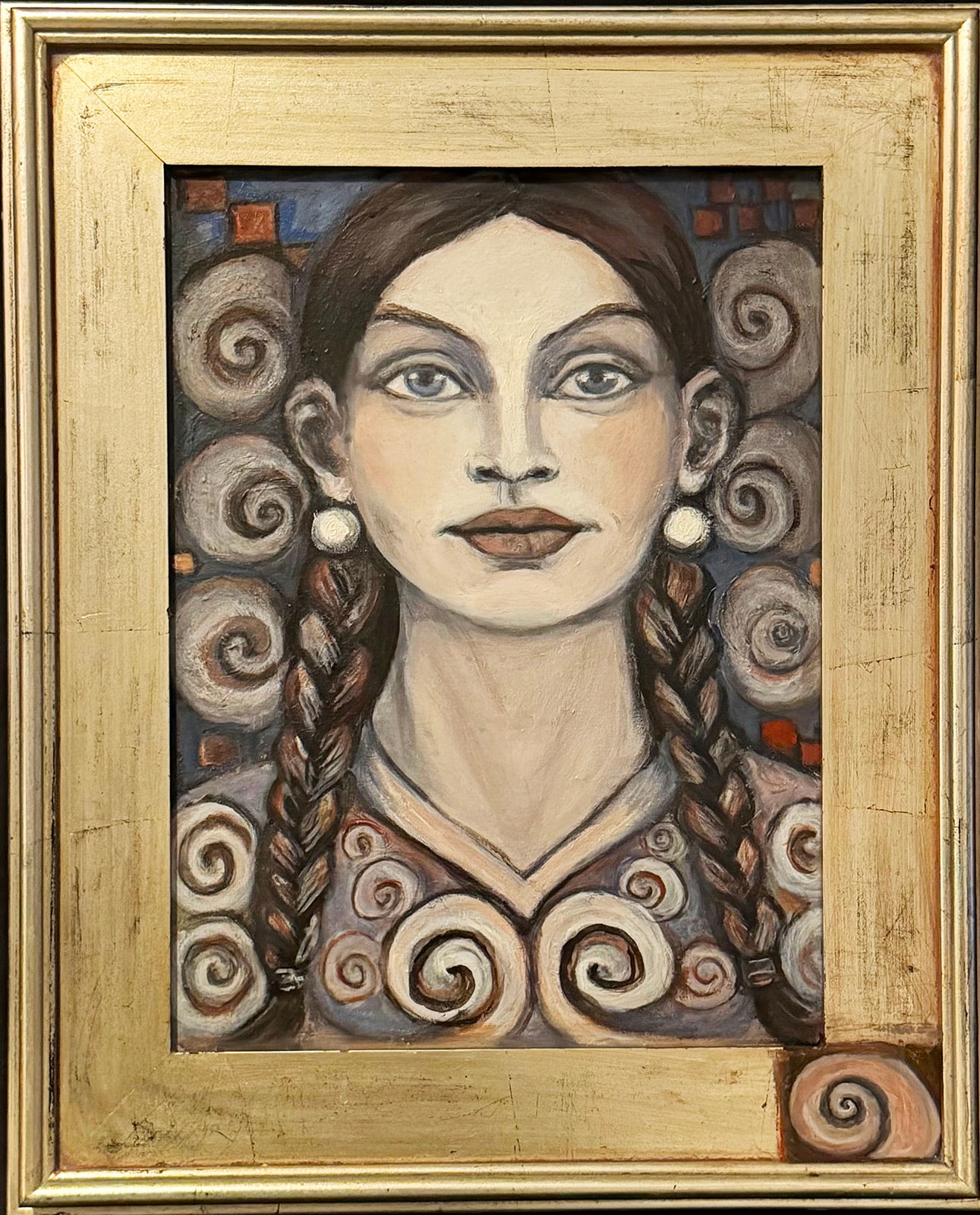 Spiraling Out by Claudia Cohen — framed oil painting of a woman with braids and spiral motifs, 17 × 21 in, 2025