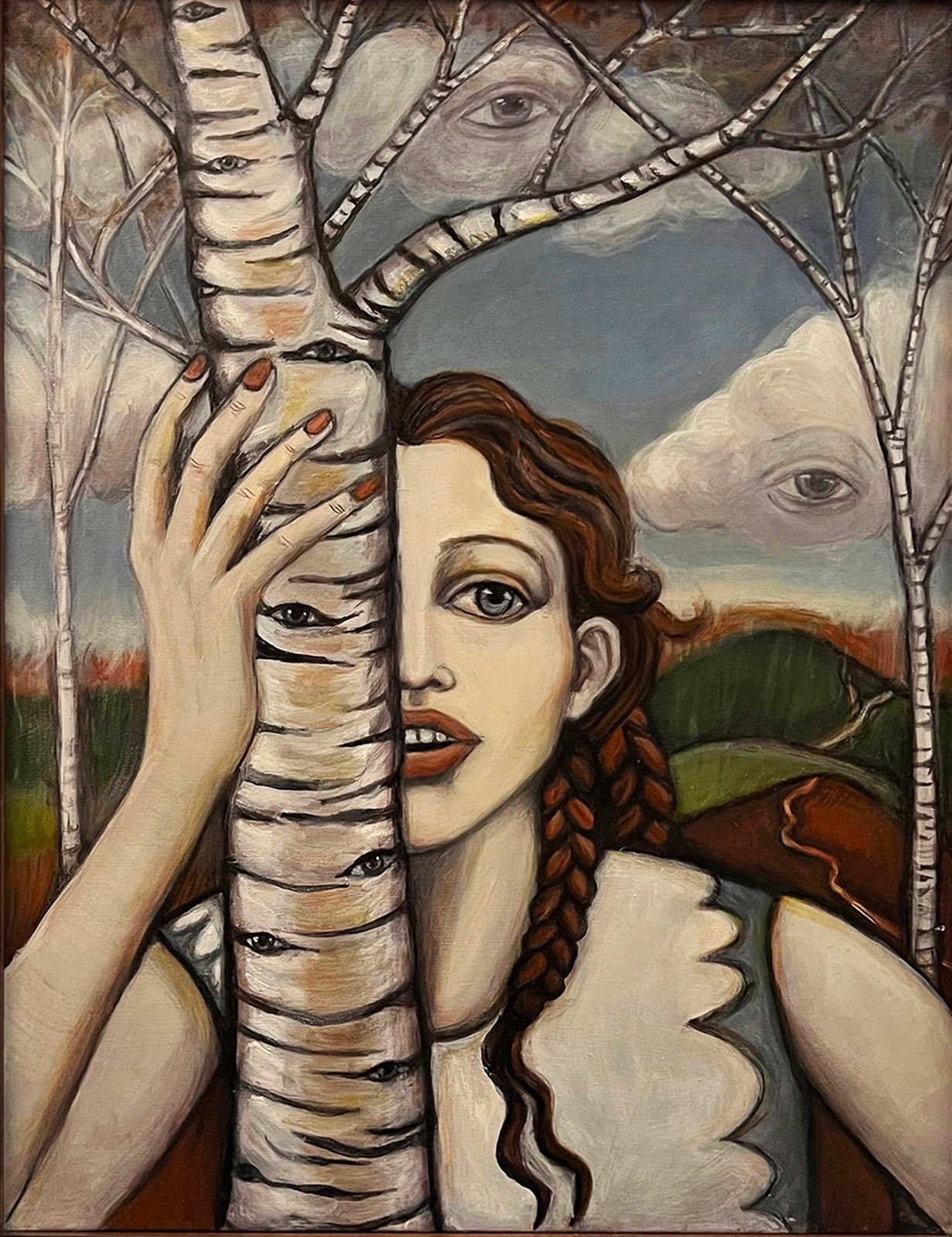 Hiding in Plain Sight by Claudia Cohen — oil painting of a woman with braided hair standing among birch trees, 20 × 26 in, 2020