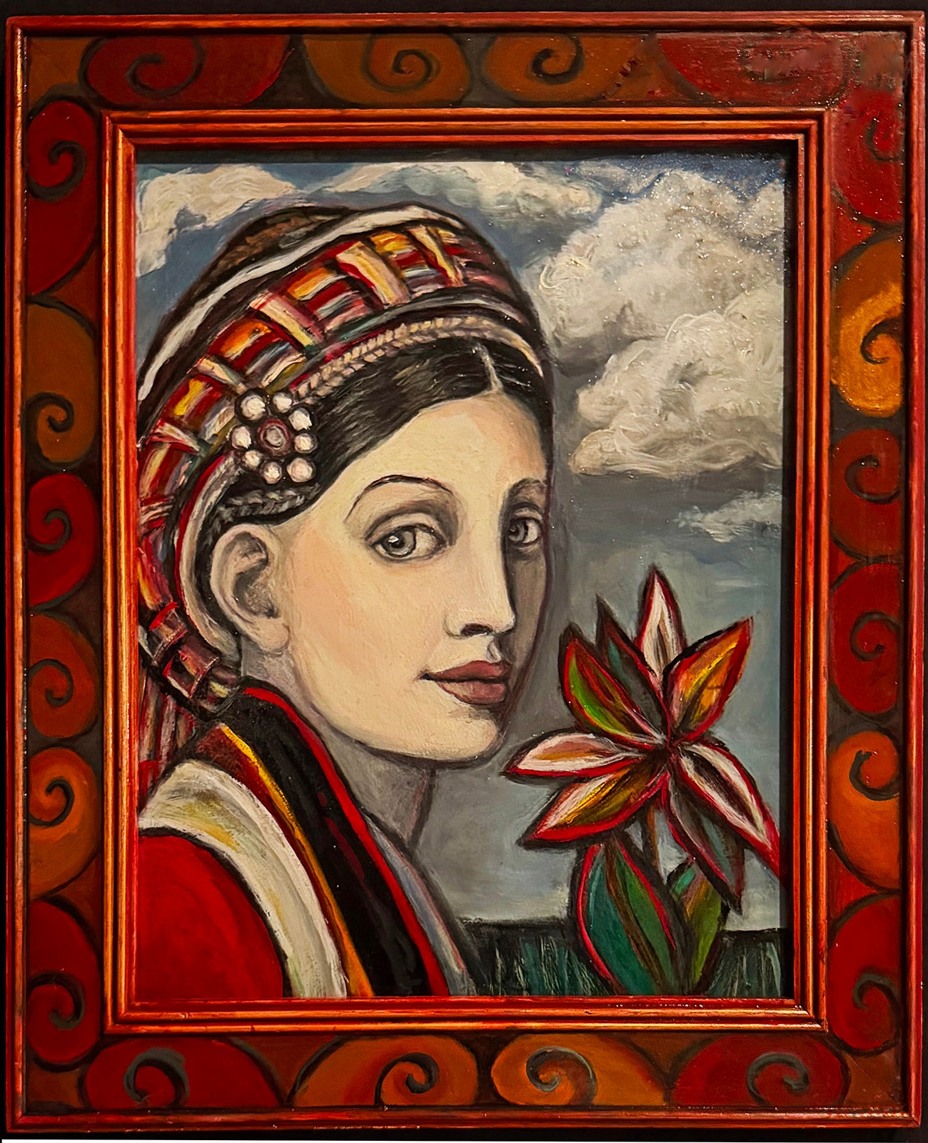 Odalisque in the Garden by Claudia Cohen — figurative oil painting of a woman in an ornate headdress holding a flower, 20 × 24 in, 2024
