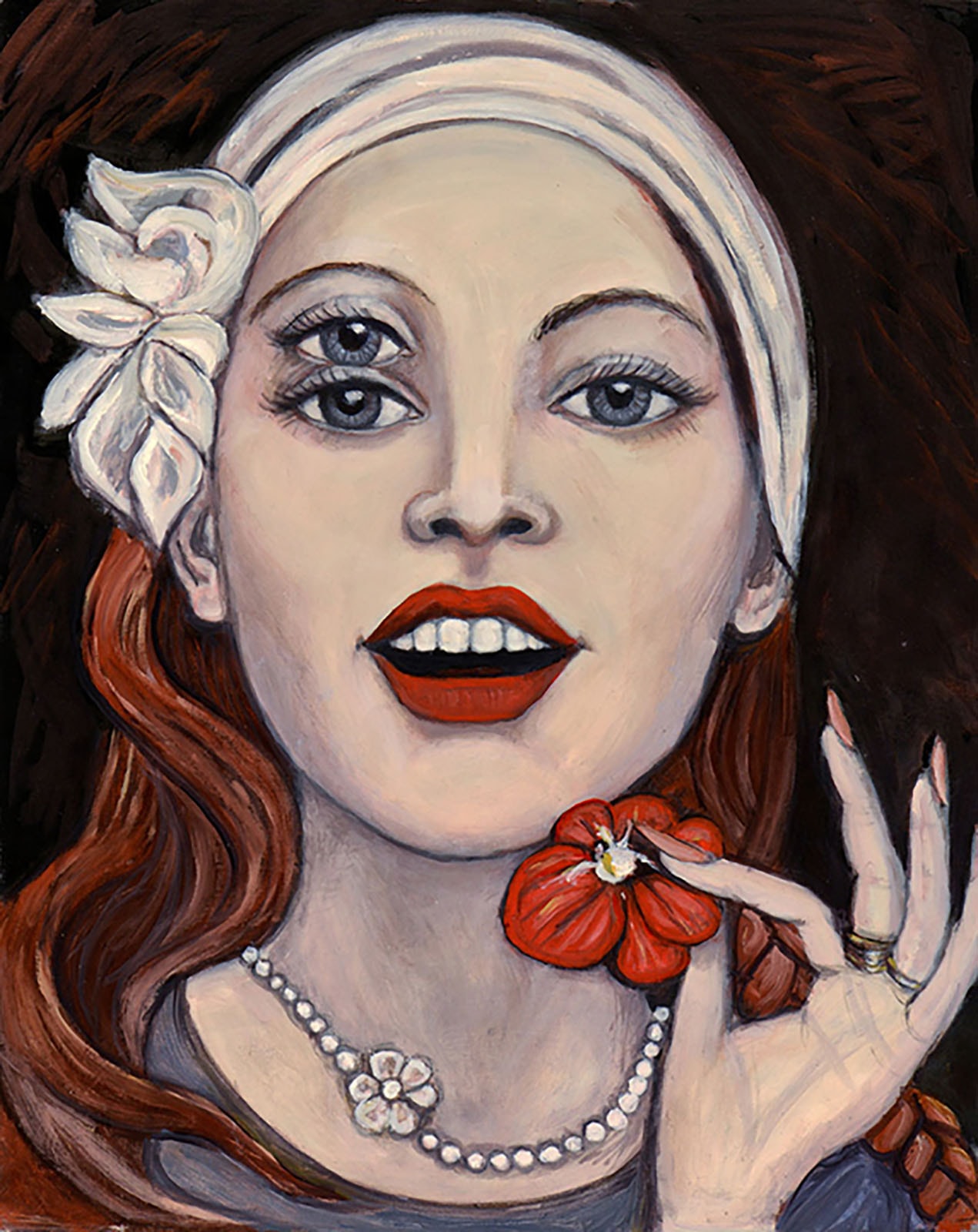 What Poppy Wants by Claudia Cohen — figurative oil painting of a red-haired woman holding flowers, 20 × 24 in, 2020