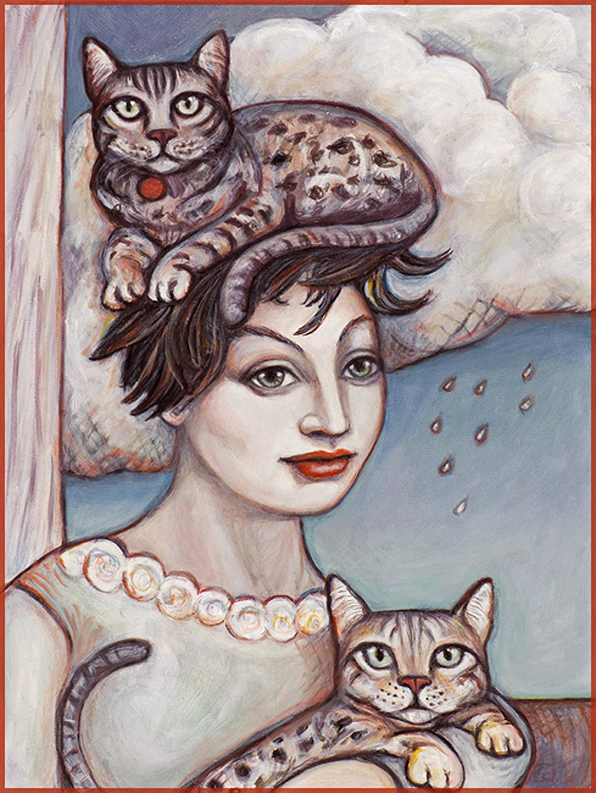 A Cat's Tale by Claudia Cohen — surreal oil painting of a woman wearing cats as an elaborate hat, 20 × 24 in, 2020