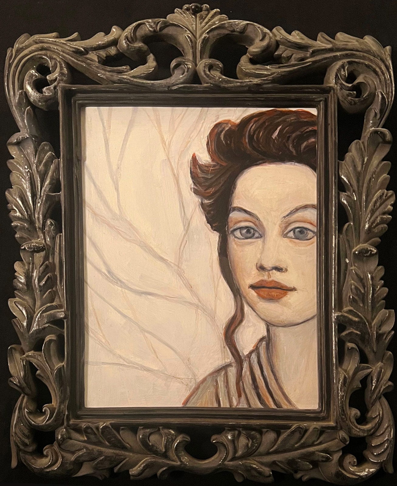 Behind the Frame by Claudia Cohen — trompe l'oeil oil painting of a portrait within an ornate baroque frame, 12 × 15 in, 2019