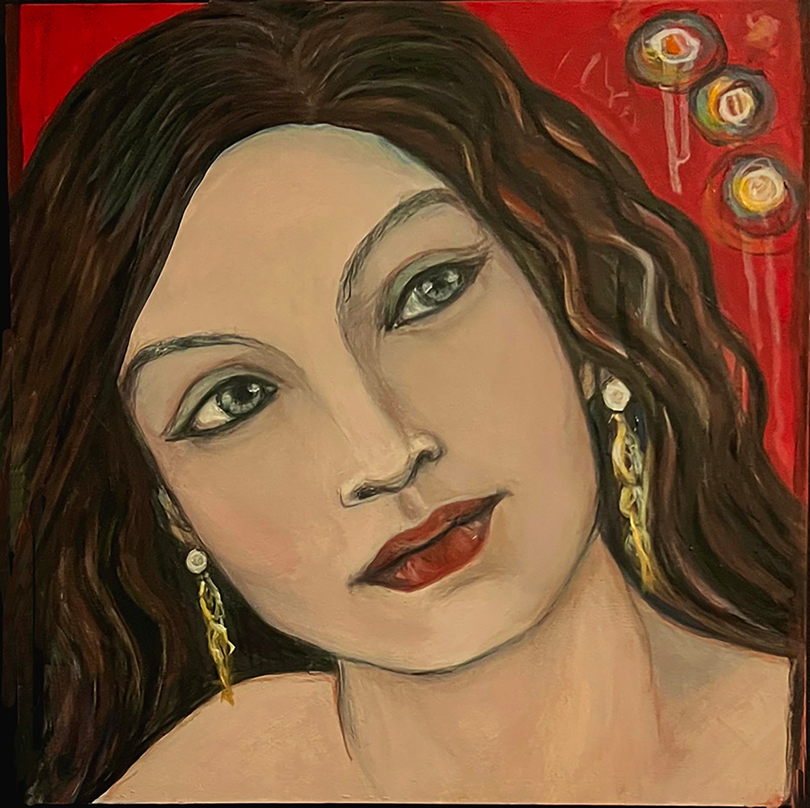 Bold Red by Claudia Cohen — oil on panel portrait of a woman against a vivid red background with statement earrings, 12 × 12 in, 2026