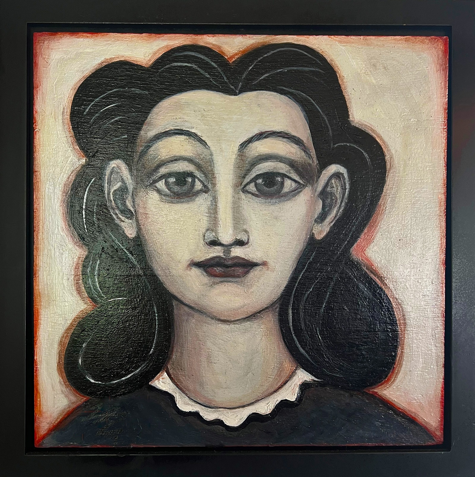 Ça Va? by Claudia Cohen — expressionist oil on panel portrait of a dark-haired woman, 14 × 14 in, 2023
