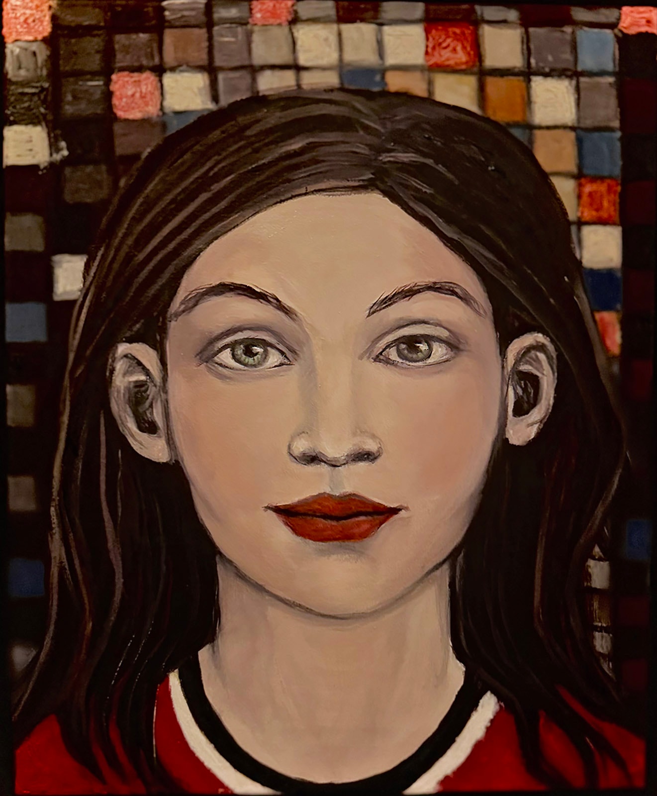 Checkmate by Claudia Cohen — oil painting portrait of a woman set against a mosaic-patterned background, 12 × 14 in, 2023