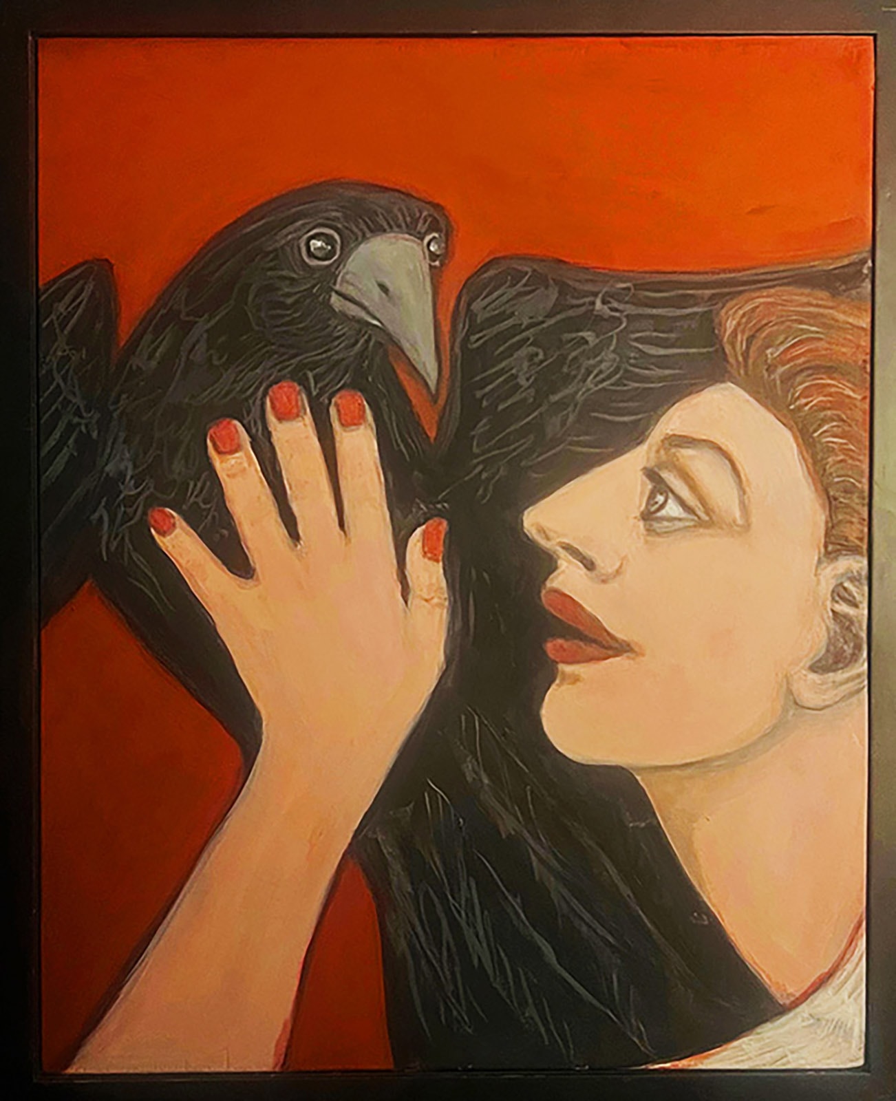 Fly With Me by Claudia Cohen — oil painting of a woman holding a black raven against a warm orange background, 14 × 18 in, 2024