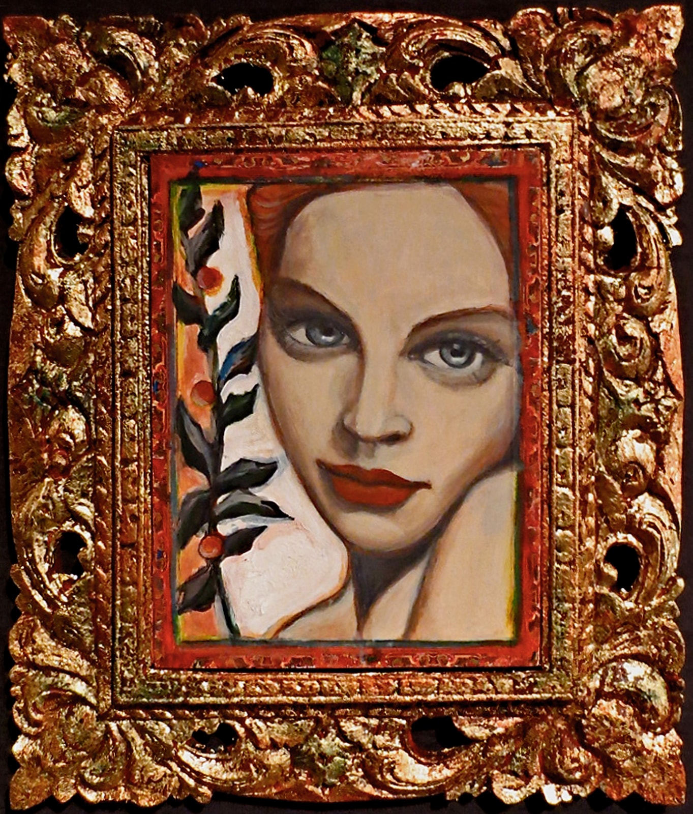 Golden Girl by Claudia Cohen — mixed media portrait with oil, gold leaf, and wax, woman in an art deco ornate gold frame, 18 × 24 in, 2018