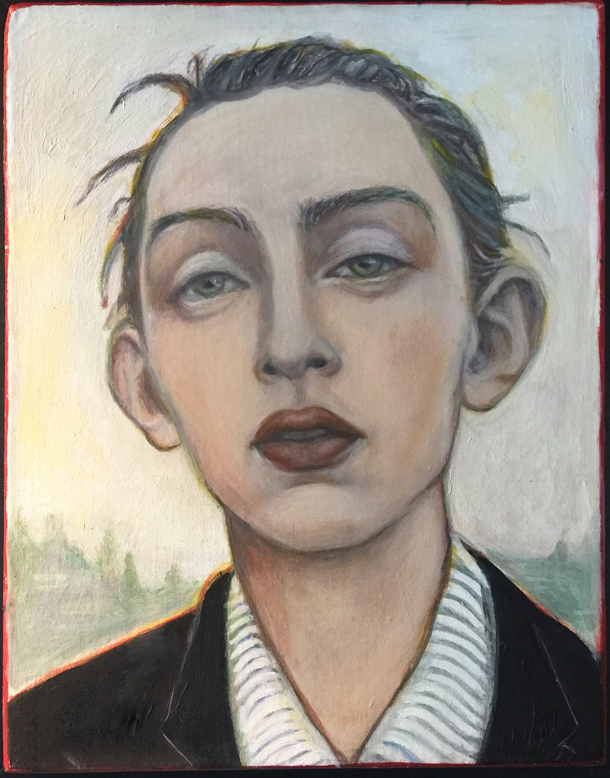 London Boyo by Claudia Cohen — oil on panel portrait of a person with dark hair in a striped shirt, 14 × 18 in