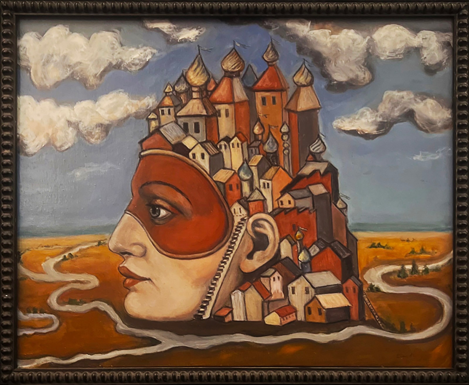 It Takes a Village by Claudia Cohen — surreal oil painting portrait with a miniature castle emerging from the figure's head, 18 × 24 in, 2018