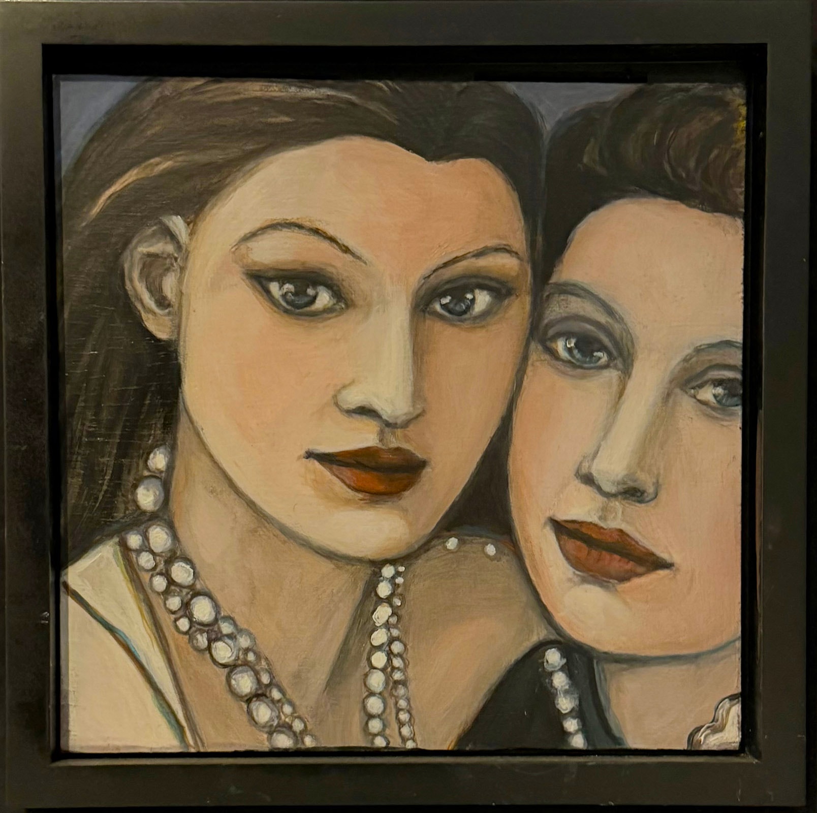 Kindred Spirits by Claudia Cohen — oil painting of two women wearing pearl necklaces in a double portrait, 14 × 14 in, 2025