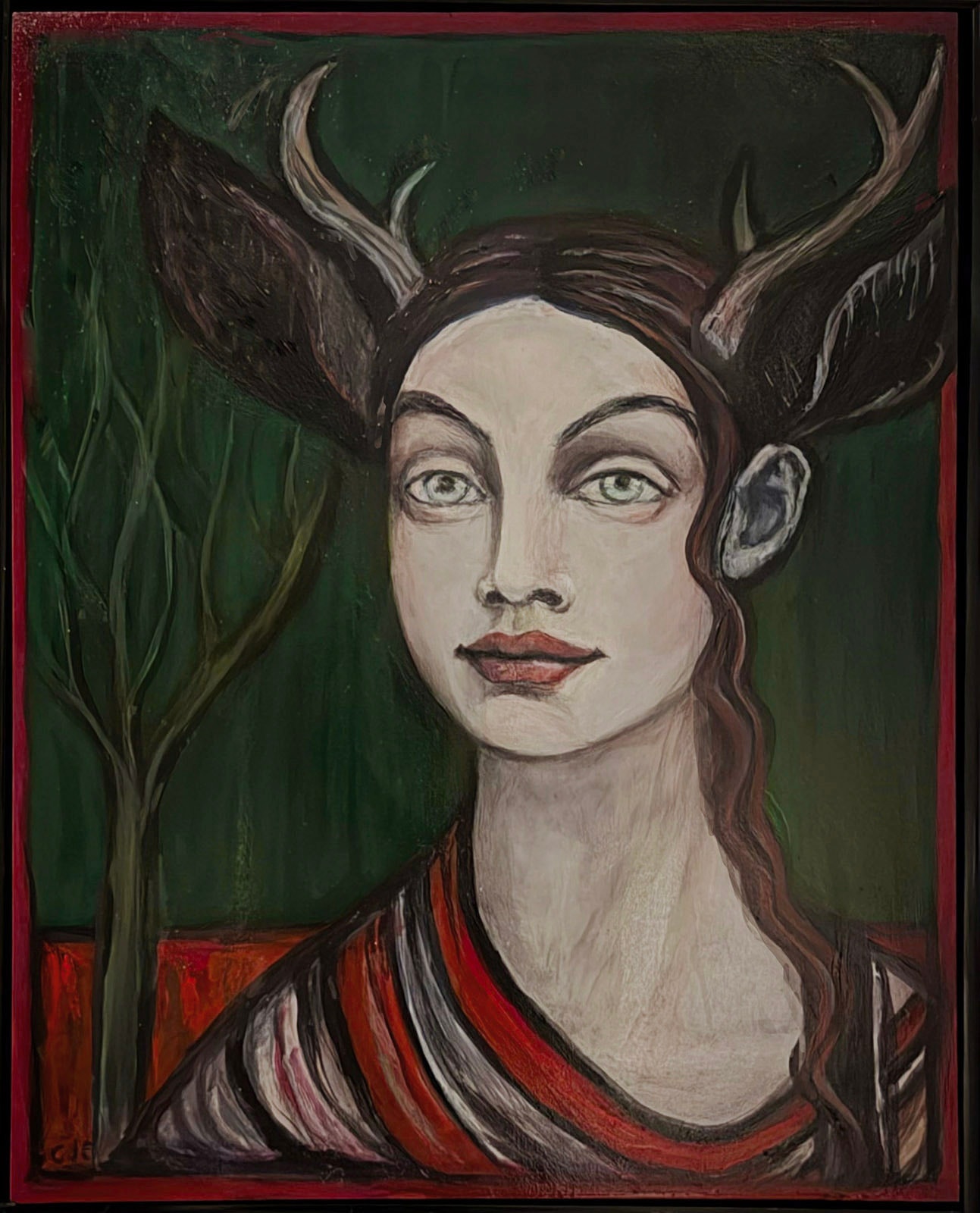 Midnight in the Forest by Claudia Cohen — oil painting of a woman with antlers and horns emerging from a dark forest, 16 × 20 in, 2024