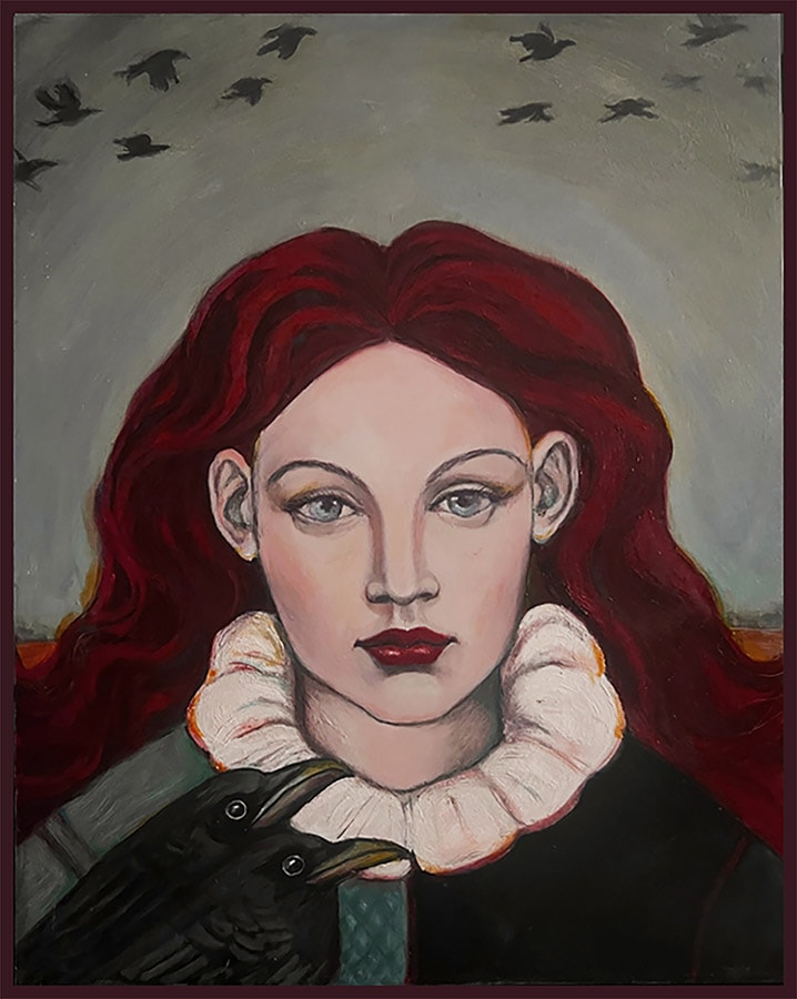 Nevermore by Claudia Cohen — oil painting of a red-haired woman in a ruffled collar, larger format, 18 × 24 in, 2019