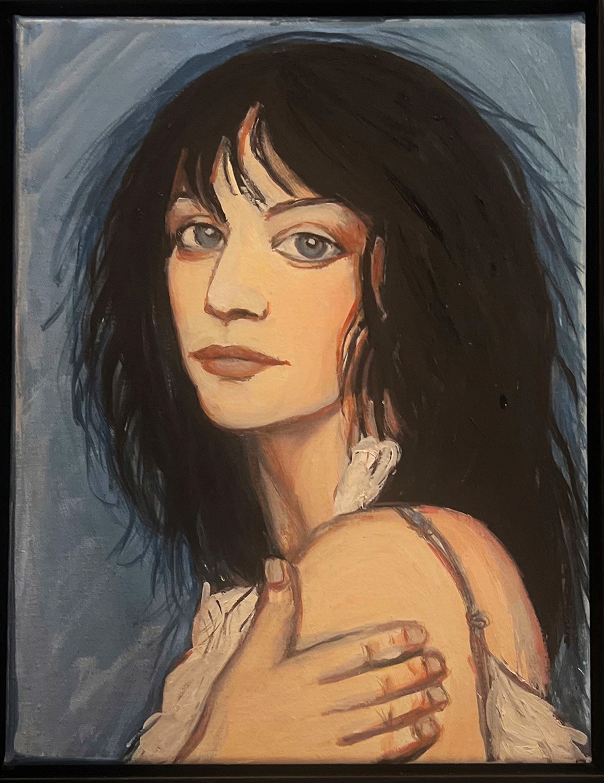 Patti by Claudia Cohen — intimate oil painting portrait of a woman with dark bangs, 8 × 12 in, 2025