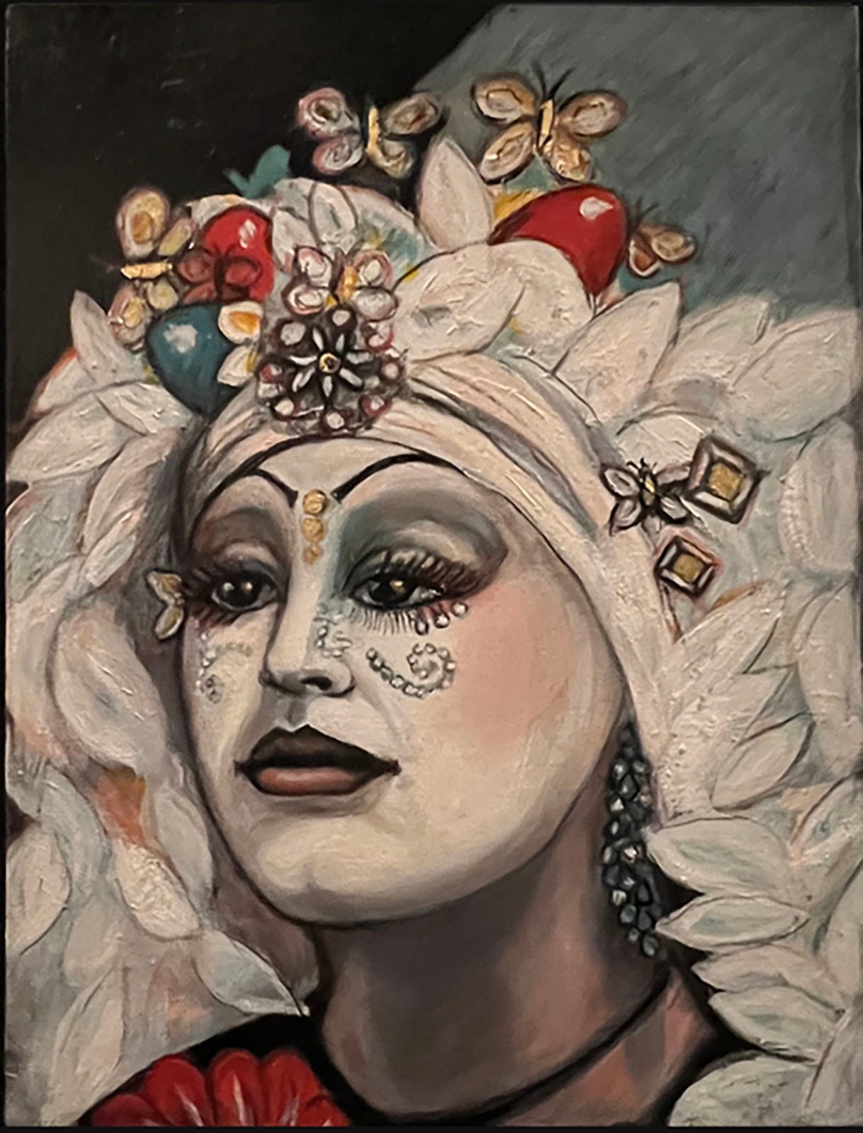 Perpetually Indulgent by Claudia Cohen — oil painting of a figure with ornate face paint and an elaborate butterfly headdress, 12 × 16 in, 2018