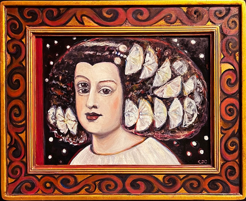 Visions of Velázquez by Claudia Cohen — oil painting with painted frame in the baroque style, homage to Velázquez, 26 × 20 in, 2021