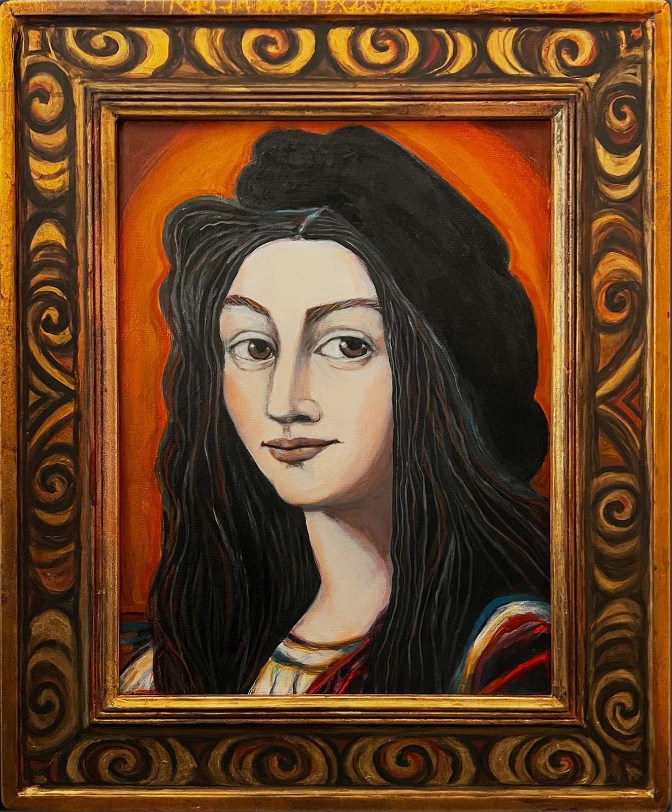 Renaissance Man by Claudia Cohen — oil painting with painted frame of a woman with long black hair in a Renaissance-inspired composition, 24 × 28 in, 2023