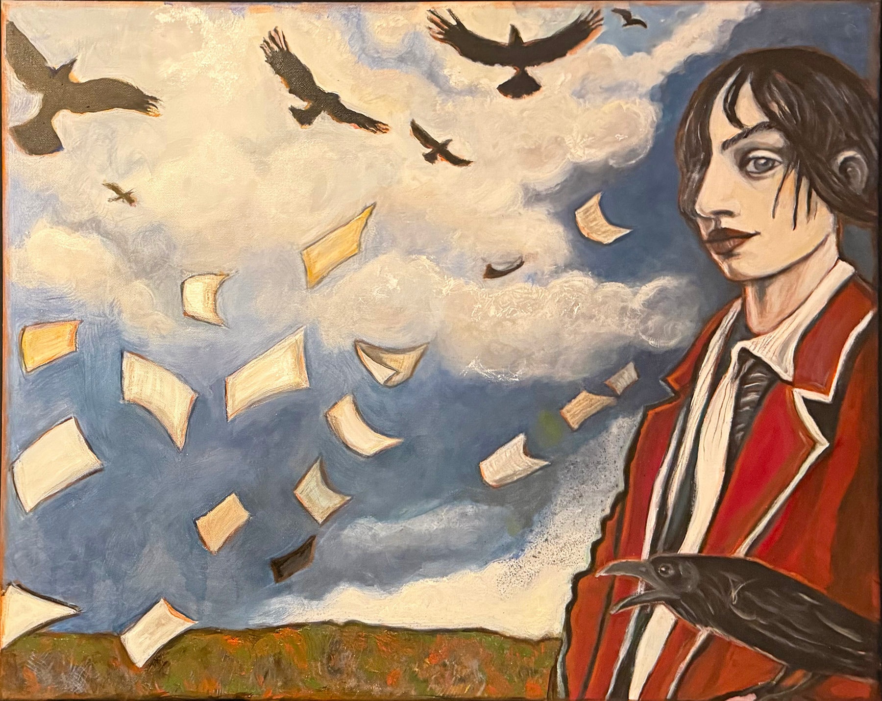 The Eye of the Storm by Claudia Cohen — oil painting of a woman in a red coat watching papers swirl through a dramatic sky, 36 × 24 in, 2026