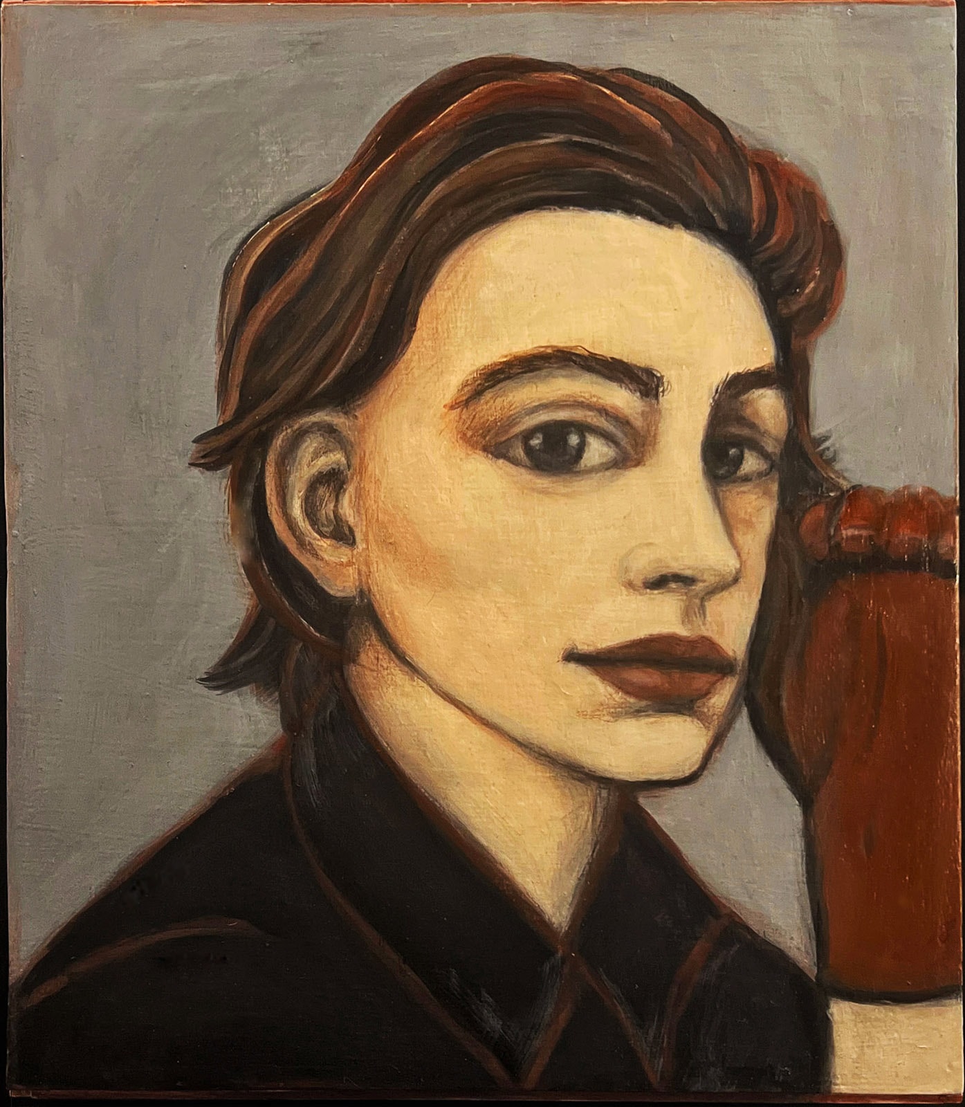 The Red Gloves by Claudia Cohen — figurative oil painting portrait, 12 × 18 in, 2022