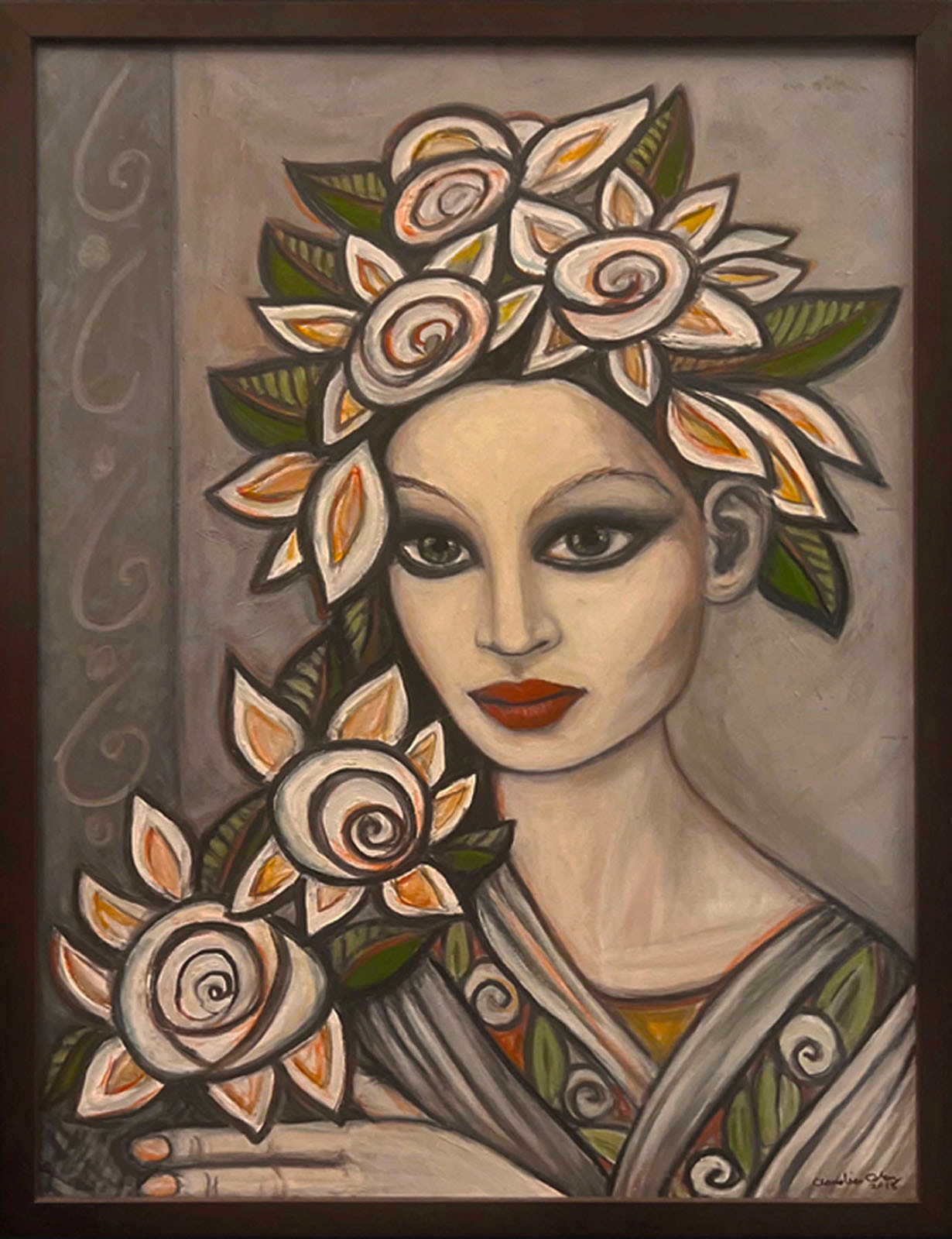 The Scent of a Memory by Claudia Cohen — oil painting of a woman wearing a floral crown, evoking nostalgia and reverie, 18 × 24 in, 2018