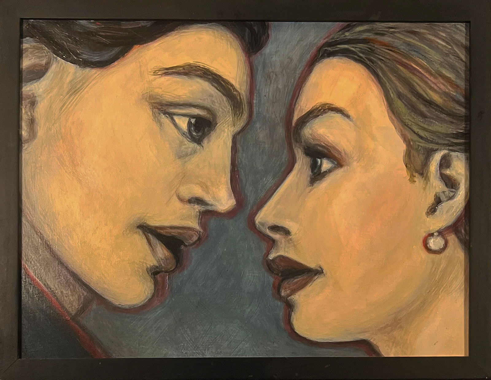 The Lovers by Claudia Cohen — oil painting of two women facing each other in an intimate painted portrait, 18 × 12 in, 2022