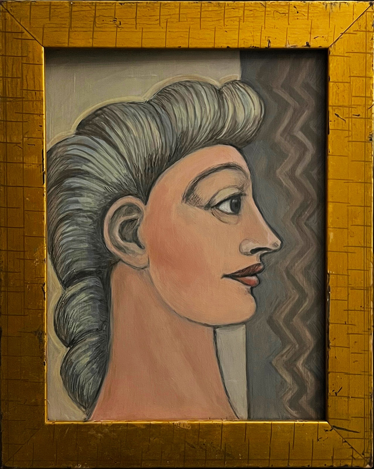 The Journey Forward by Claudia Cohen — oil painting with frame of a woman in profile in a vintage-style composition, 12 × 18 in, 2021