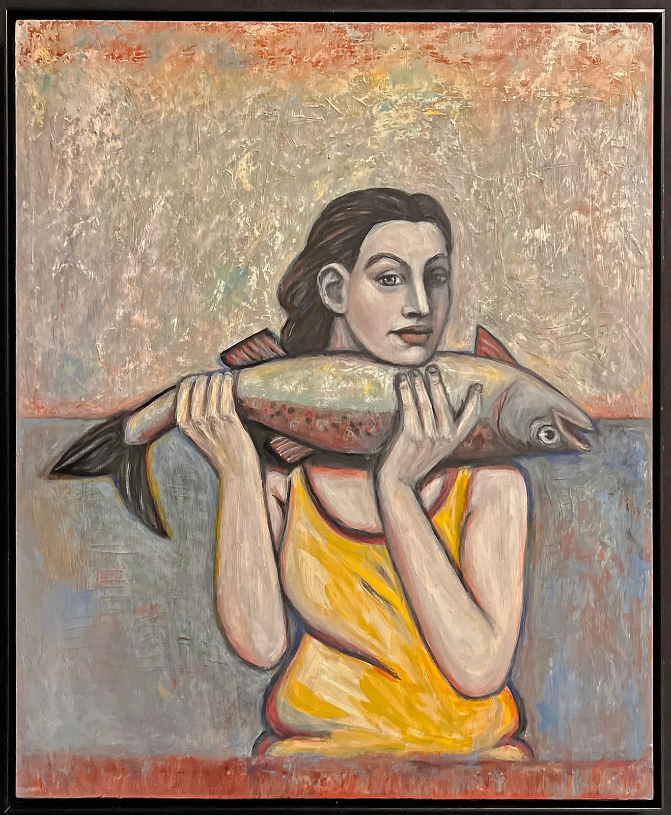 The Catch by Claudia Cohen — oil on panel of a woman holding an oversized fish, 20 × 24 in, 2026