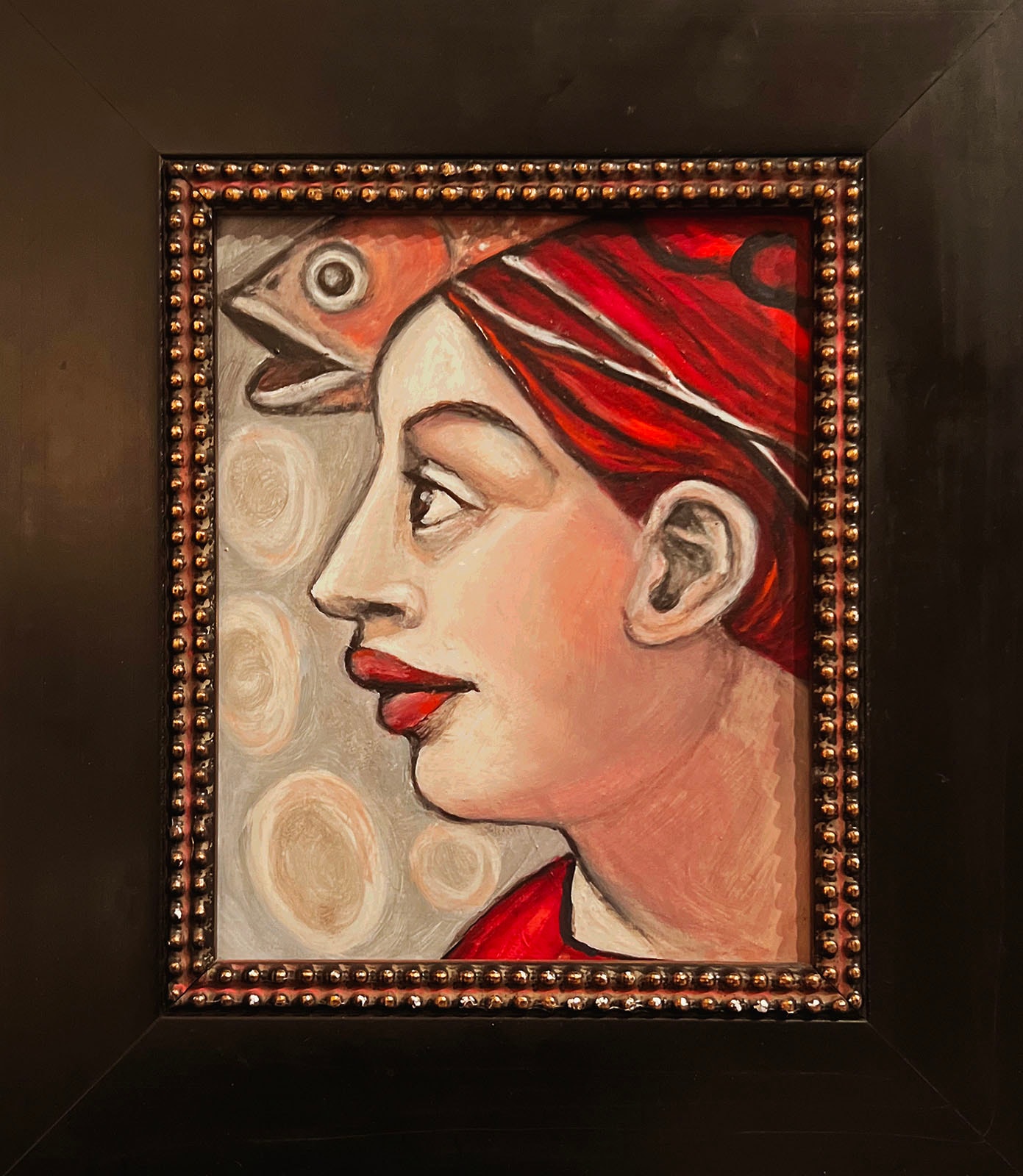 Swimming with the Fishes by Claudia Cohen — oil painting of a red-haired woman surrounded by fish in a whimsical underwater portrait, 14 × 16 in, 2020