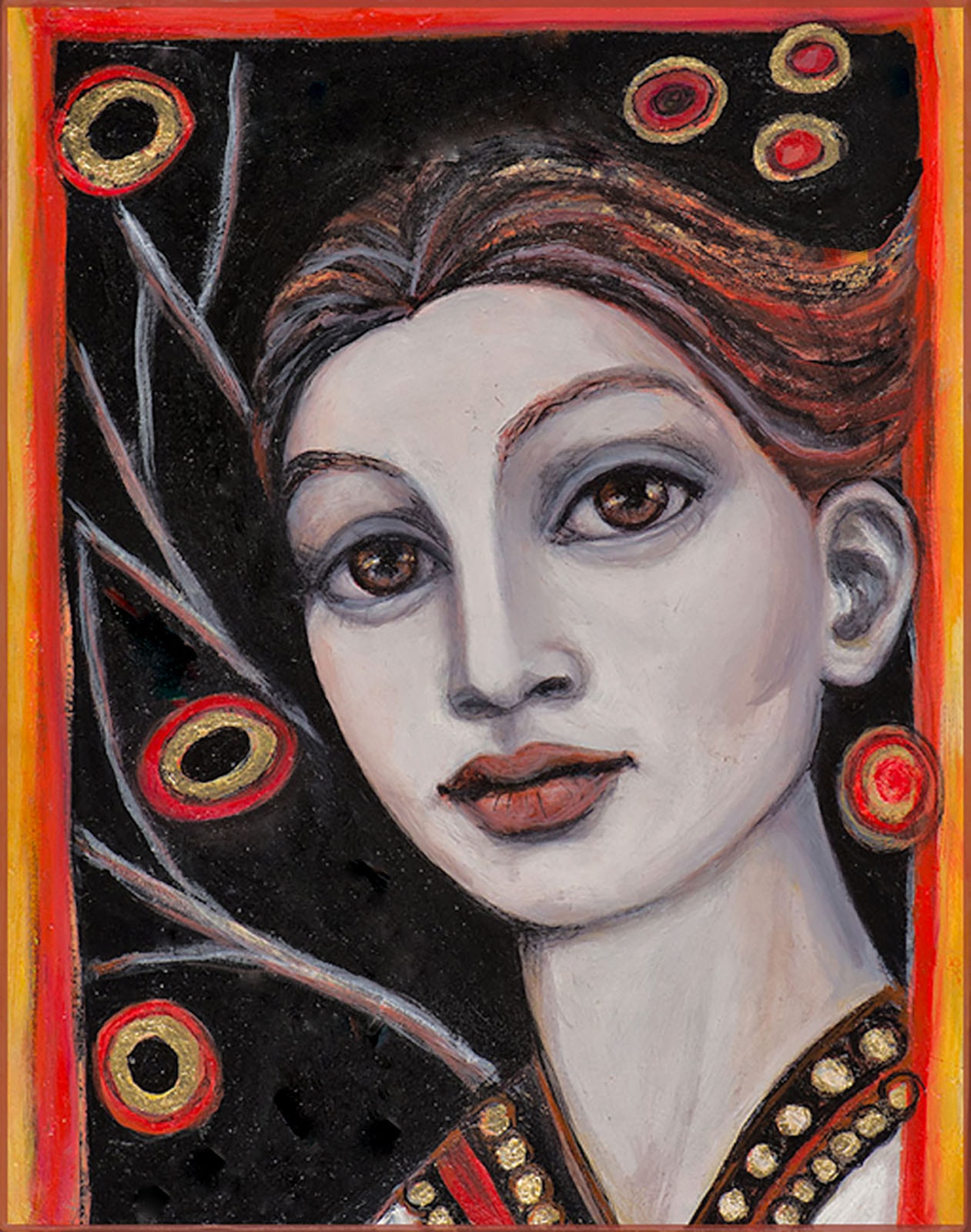 The Big O by Claudia Cohen — oil painting portrait of a woman in an ornate red and gold frame, 14 × 18 in, 2017