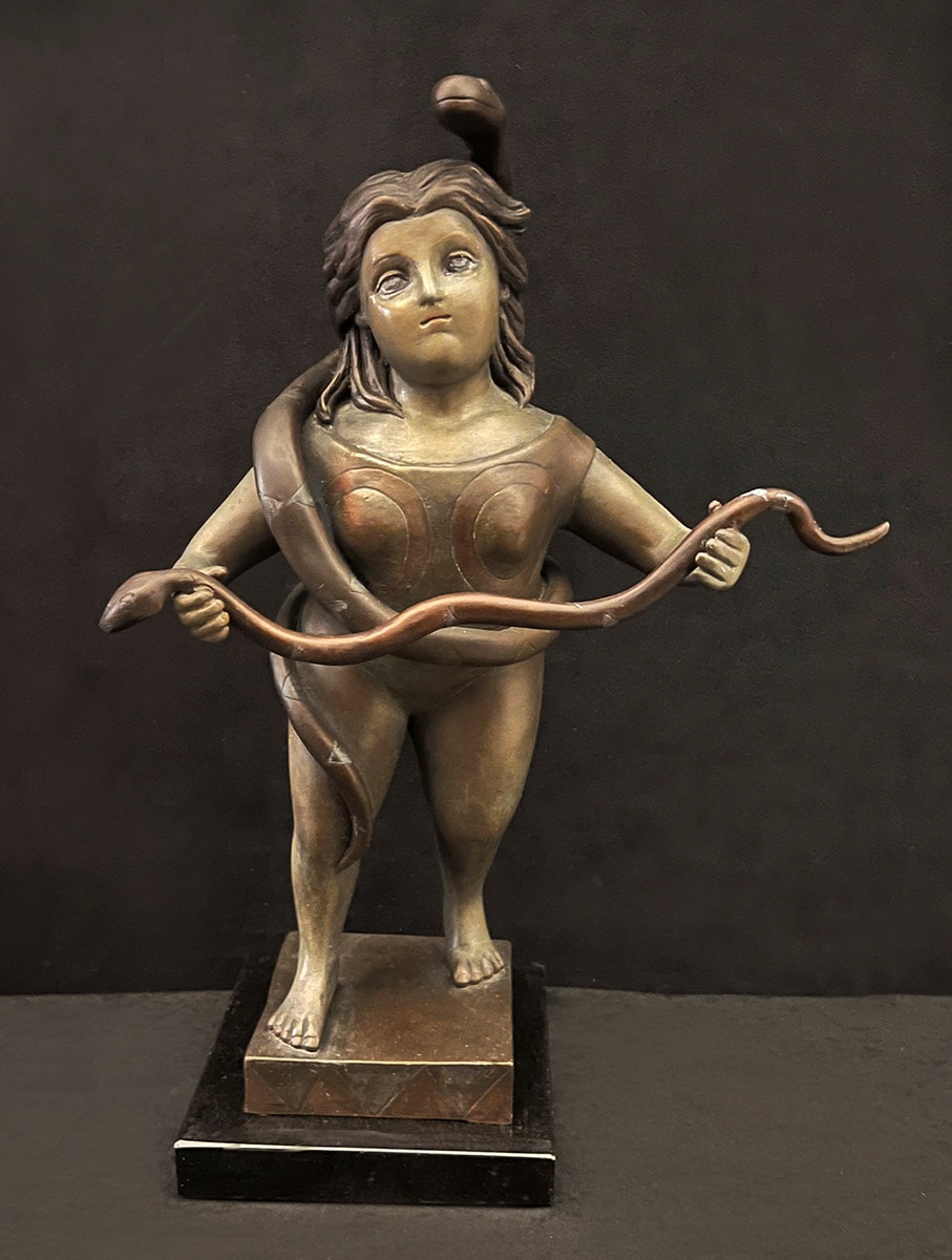 The Snake Handler bronze sculpture by Claudia Cohen